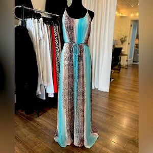 Charlie Jade Jolie 100% Silk Maxi Dress in Teal & Animal Print with Tie Belt